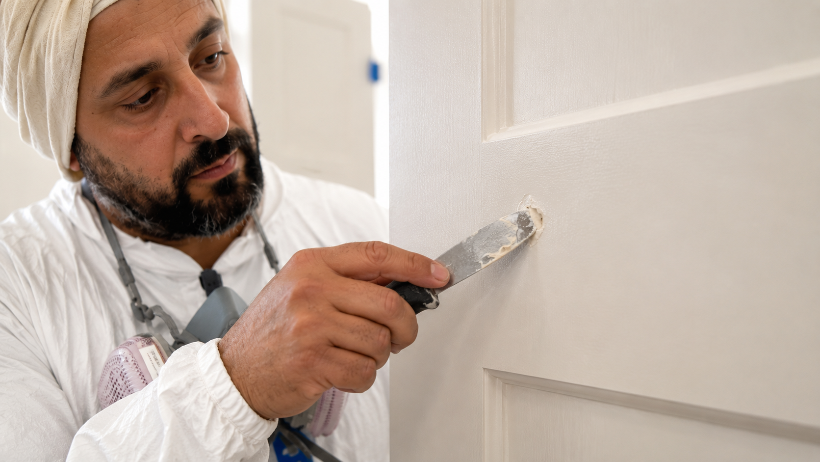 A generated image of Toti's Painting repairing a door with a putty knife