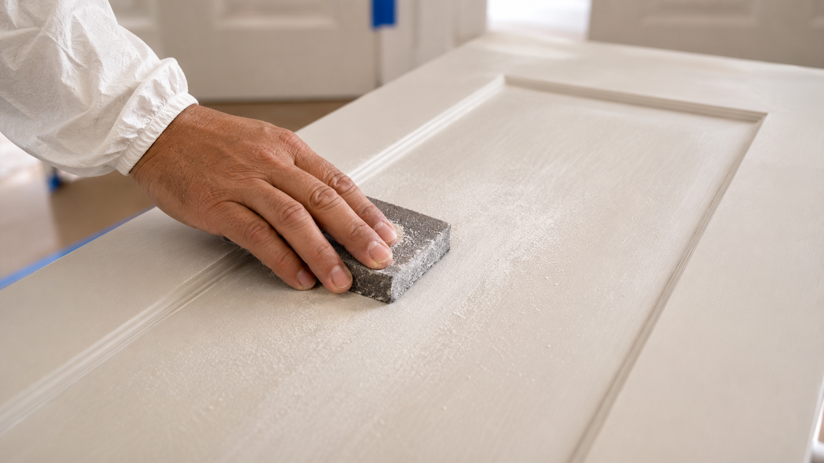 A generated image of Toti's Painting sanding a door to Paint