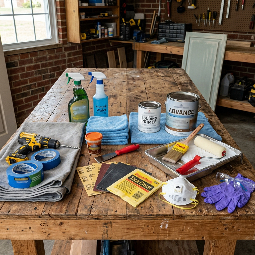 A Generated image of a drill, cloths, paint, sandpaper, and other materials needed.